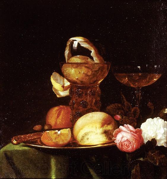 simon luttichuys Still Life with Fruit and Roses a.k.a. Still-Life with a Peeled Lemon in a Roemer. Norge oil painting art